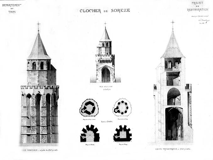 Projet de restauration du clocher : Plans, coupe et élévation des façades principales et absidale (lavis couleur)