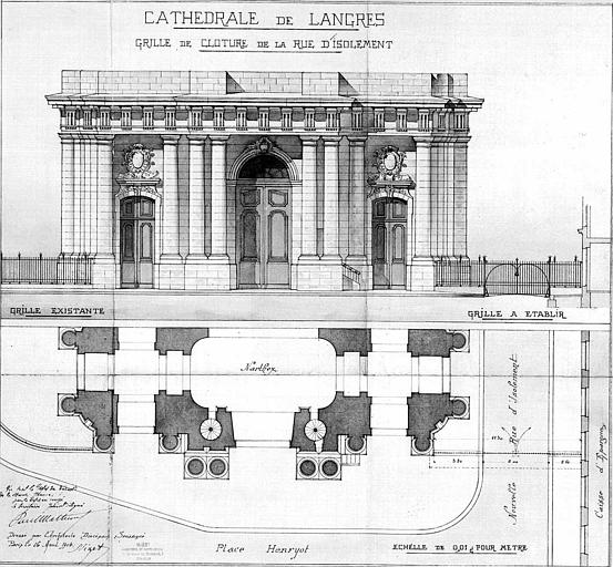 Plan du narthex et élévation de la grille de clôture de la rue d'isolement