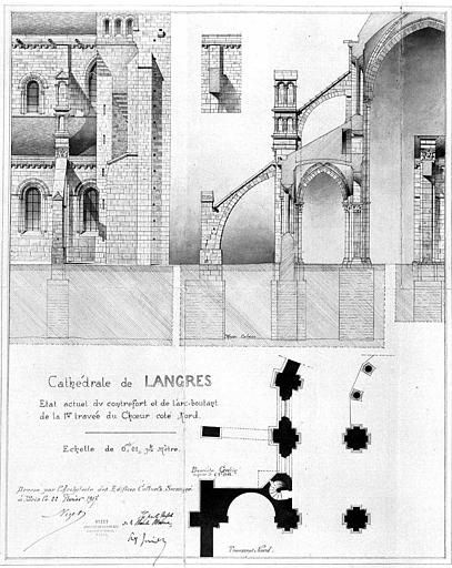 Elévation et coupe du contrefort et de l'arc-boutant de la 1e travée du choeur, côté nord (état actuel)