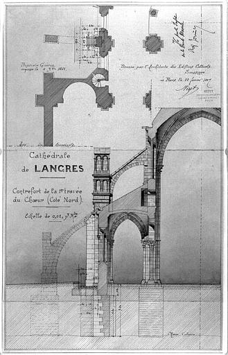 Plan et coupe du ontrefort de la 1e travée du choeur, côté nord