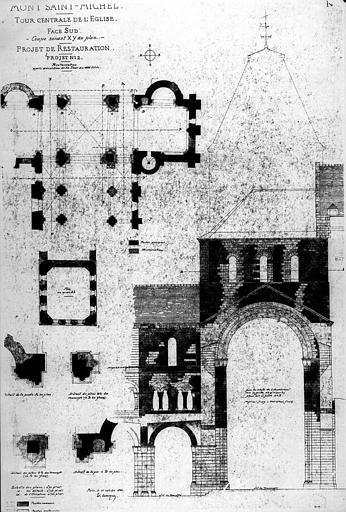 Tour centrale côté sud : Plan et élévation (projet de restauration n° 2 : Après démolition de la tour du 17e)