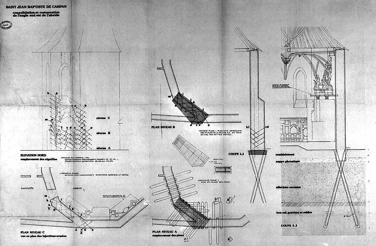 Consolidation et restauration de l'angle sud-est de l'abside : Plans, coupes et élévations (détails)