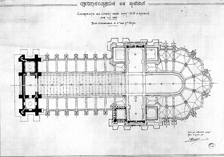 Charpente en ciment armé, système H-D, à établir sur la nef : Plan d'ensemble