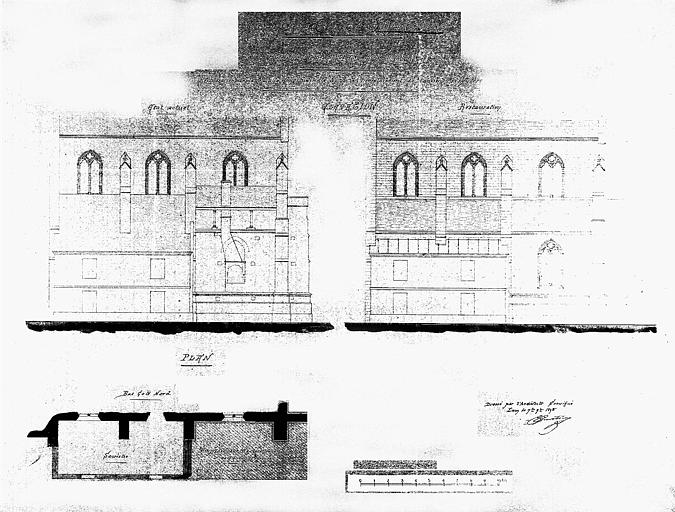 Plan des bas-côté nord et élévation de la façade longitudinale nord à l'emplacement de l'ancien presbytère (état actuel et état restauré)