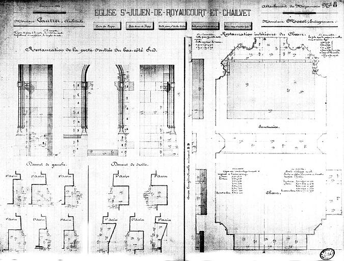 Restauration de la porte d'entrée du bas-côté sud et de l'intérieur du choeur : Plan et élévation (encre aquarellée)