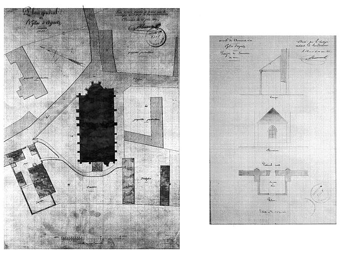 Projet de sacristie : Plan, coupe et élévation (plume et lavis), et plan de situation de l'église