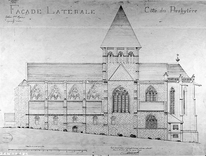 Elévation de la façade latérale du côté du presbytère (plume et aquarelle)