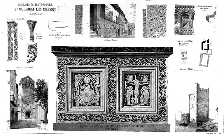 Dessin aquarellé de différents monuments et fragments de sculptures : Façade de l'église, vieux moulin, maisons romanes, devant d'autel