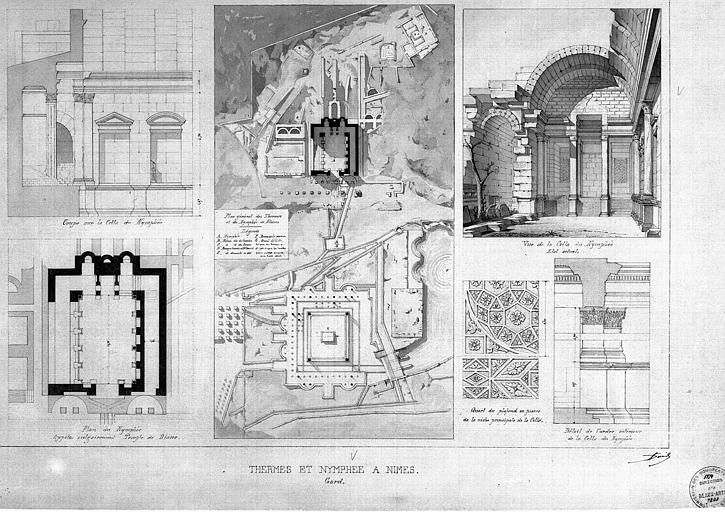 Plan général des thermes et du nymphée. Cella du nymphée : plan. Vue intérieure. Détail du plafond. Détail de la niche principale. Détails de l'ordre intérieur