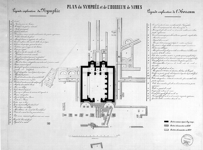 Plan du nymphée et de l'horreum avec l'indication des parties découvertes en 1830 et en 1852