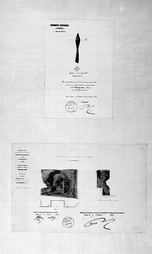 Etat actuel de l'arc de la face sud-ouest (attachement n°2. Croquis d'un fer d'arbalète trouvé fiché dans une intersection de moellons sur la face sud-est)