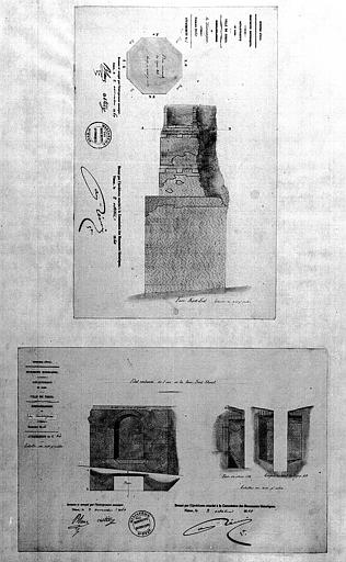 Plan et élévation de la face nord-est (1), dessin de l'arc restauré de la face sud-ouest et détail de coupes (2)