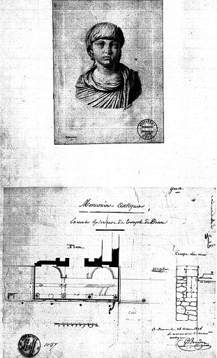 Plan et coupe du mur de l'enceinte extérieure, et croquis d'un buste antique par S. Huard