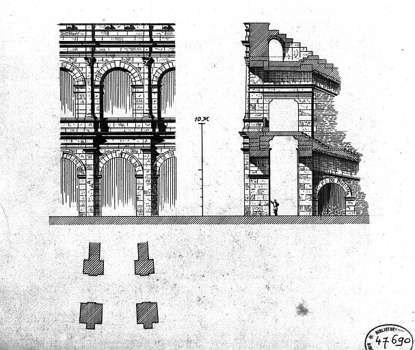 Gravure : Plan, coupe et élévation d'une travée