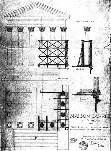 Protection de la partie inférieure des colonnes du péristyle : Plan et élévations