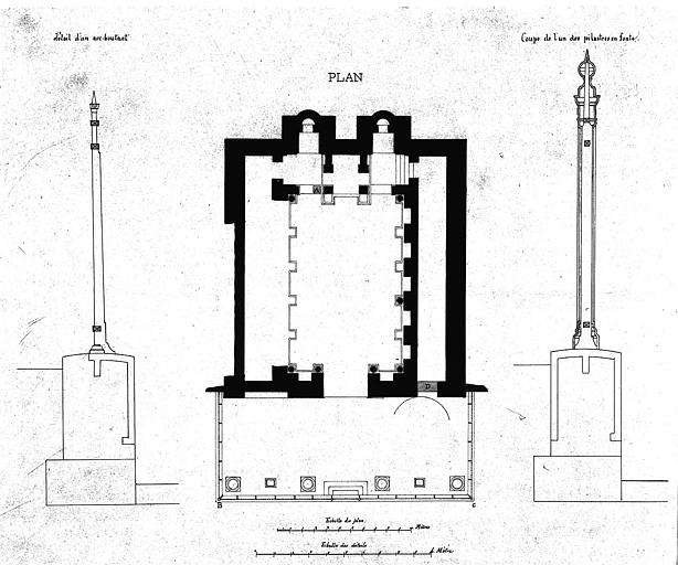 Plan général, détail d'un arc-boutant et coupe de l'un des pilastres en fonte