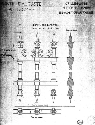 Grille placée sur le boulevard en avant de la fouille : Elévation, coupe et plan