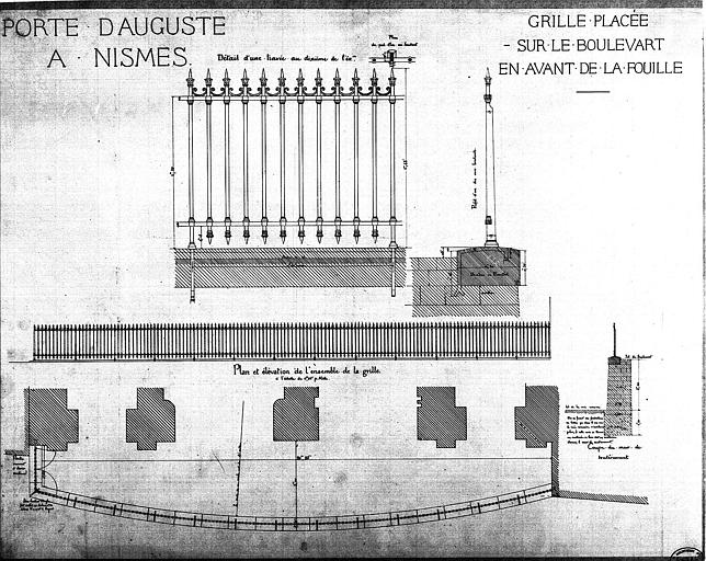 Grille placée sur le boulevard en avant de la fouille : Elévation, coupe et plan