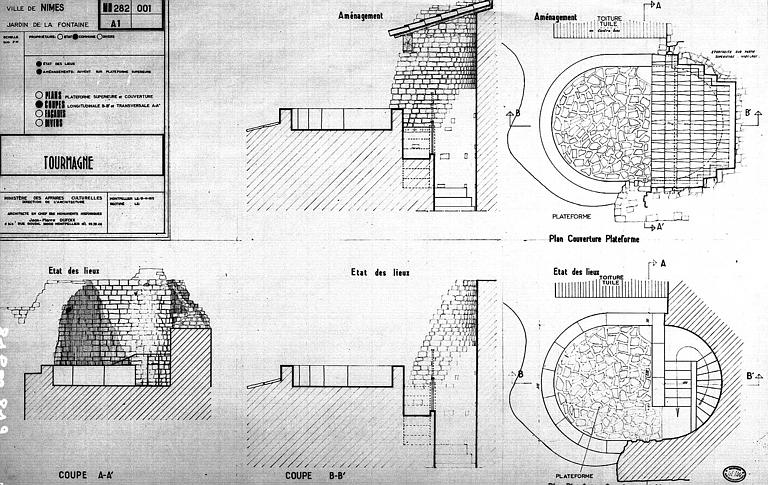 Aménagement d'un auvent sur la plate-forme supérieure : Plans et coupes transversales (état des lieux et aménagement)