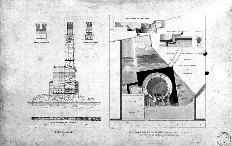 Coupe transversale de l'aqueduc, plans et coupes du château d'eau