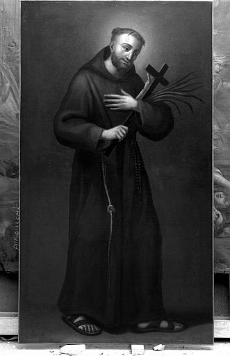 Peinture sur toile : Saint Franciscain portant la croix et une palme