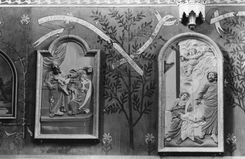 bas-reliefs : La Présentation au temple, la Nativité