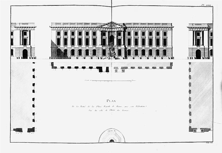 Gravure : Plan de la place Royale et élévation du côté des fermes