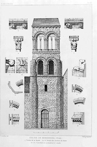 Héliogravure : Elévation du clocher et détails sculptés (corniche, chapiteau, modillon)