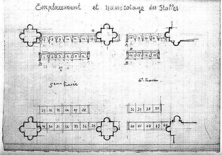 Emplacement et numérotage des stalles des 5ème et 6ème travées (plan)