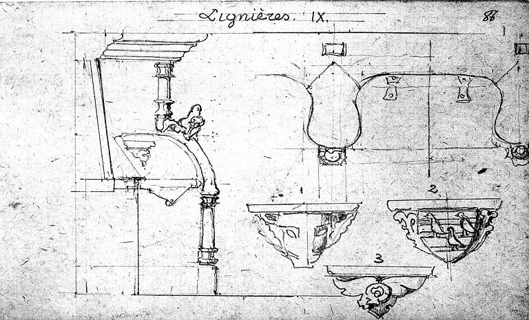 Plan et élévation de stalle, et trois miséricordes