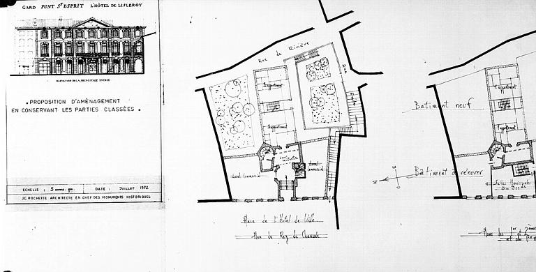 Proposition d'aménagement en conservant les parties classées : Plan du rez-de-chaussée et élévation de l'entrée principale