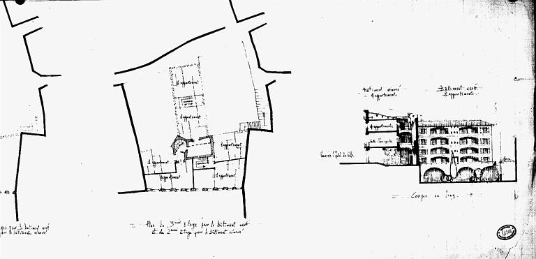 Proposition d'aménagement en conservant les parties classées : Plan du 3ème étage pour le bâtiment neuf et du 2e étage pour le bâtiment rénové