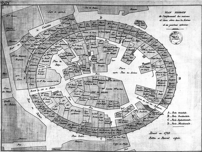 Plan figuratif de l'emplacement des maisons et caves situées dans les arènes et au pourtour extérieur