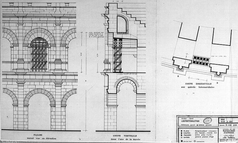 Remplacement des claveaux d'arc : Elévation d'une travée de la façade, coupe verticale dans l'axe de la travée, et coupe horizontale sur galerie intermédiaire