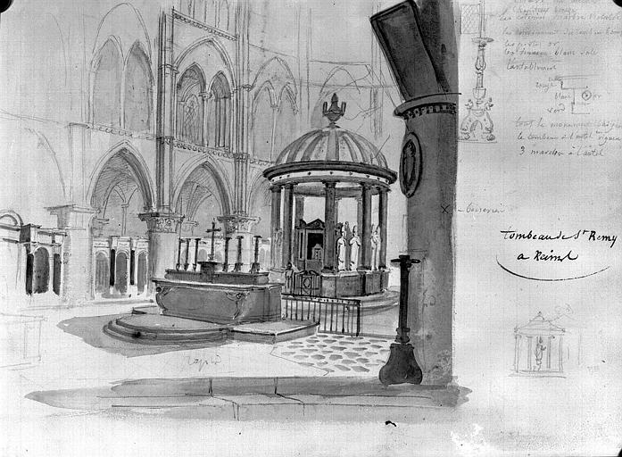 Dessin au crayon et aquarelle : Vue du tombeau de saint Rémy de Reims