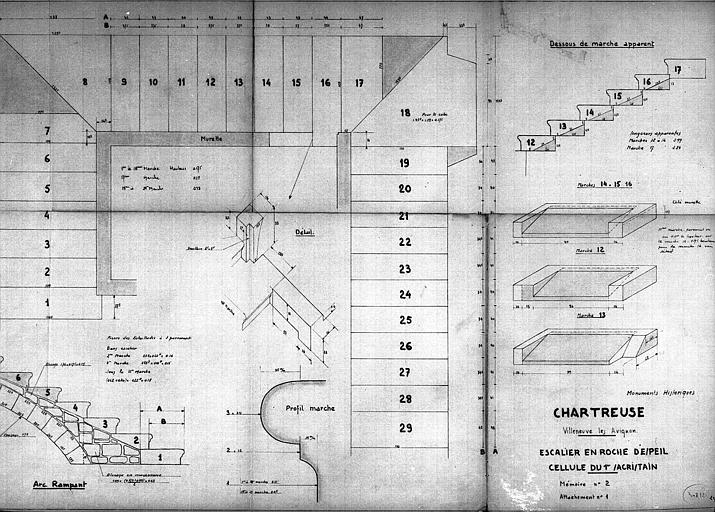 Escalier en roche d'Espeil, cellule du 1e sacristain : Plan, élévation, coupe et détails