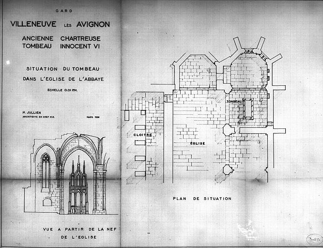 Tombeau d'Innocent VI : Plan de situation du dans l'église et vue à partir de la nef