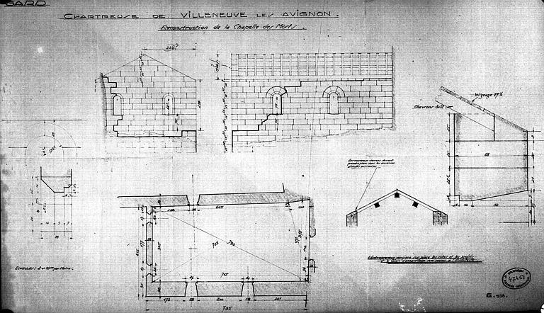 Reconstruction de la chapelle des Morts : Plan, coupe, élévation