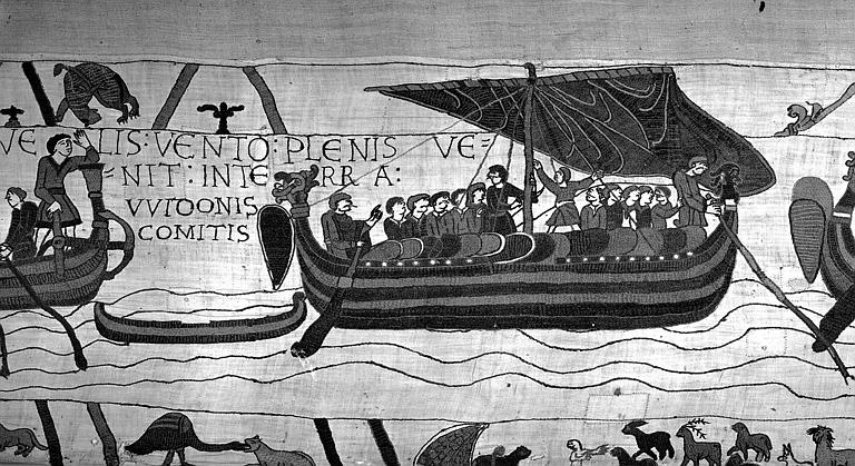 Tapisserie de Bayeux (avers),  6B : Harold et son escorte naviguant