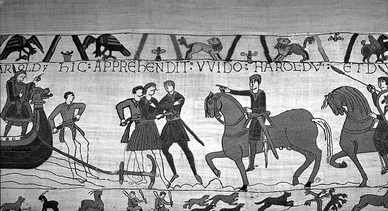 Tapisserie de Bayeux (avers),  8B : Harold fait prisonnier par Guy de Ponthieu