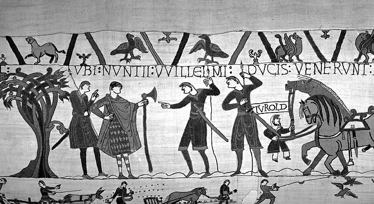 Tapisserie de Bayeux (avers),  12B : Guillaume envoie un messager à Guy pour qu'il relâche Harold