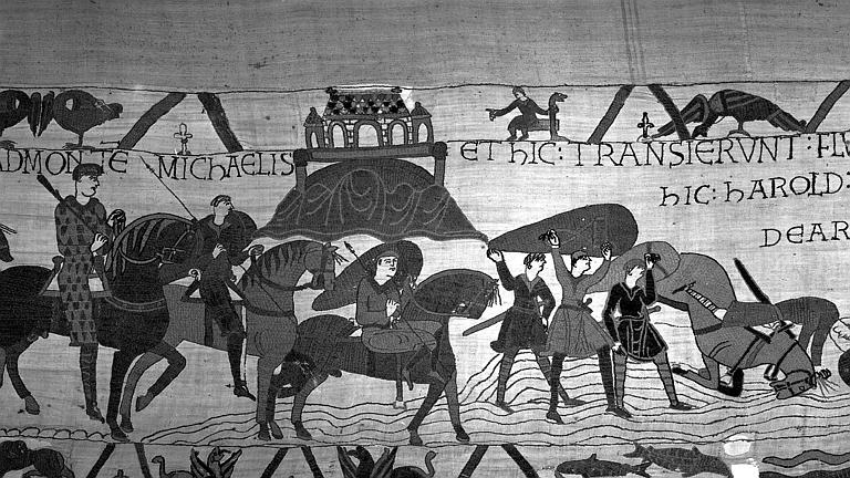 Tapisserie de Bayeux (avers),  21B : Arrivée des cavaliers normands au Couesnon, les chevaux s'enlisent