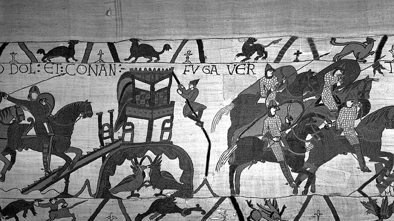 Tapisserie de Bayeux (avers),  23B : Cavaliers normands arrivant à Dol, fuite des Bretons à cheval