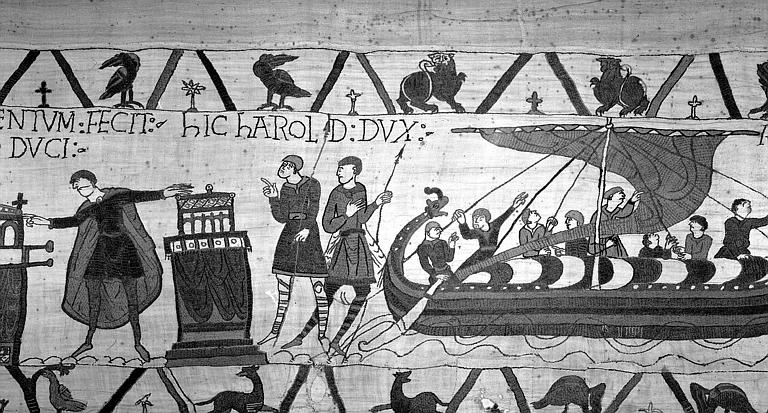 Tapisserie de Bayeux (avers),  29B : Harold prêtant serment à Guillaume, puis se préparant à rentrer en Angleterre par bateau