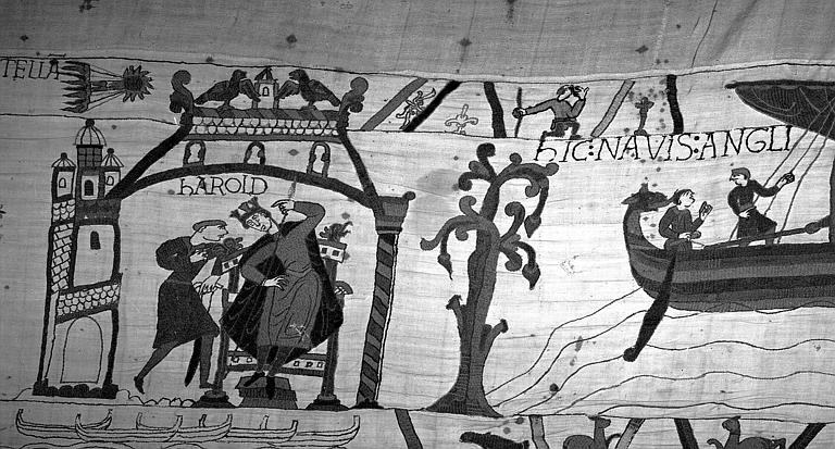 Tapisserie de Bayeux (avers),  36B : Harold assis préparant la résistance