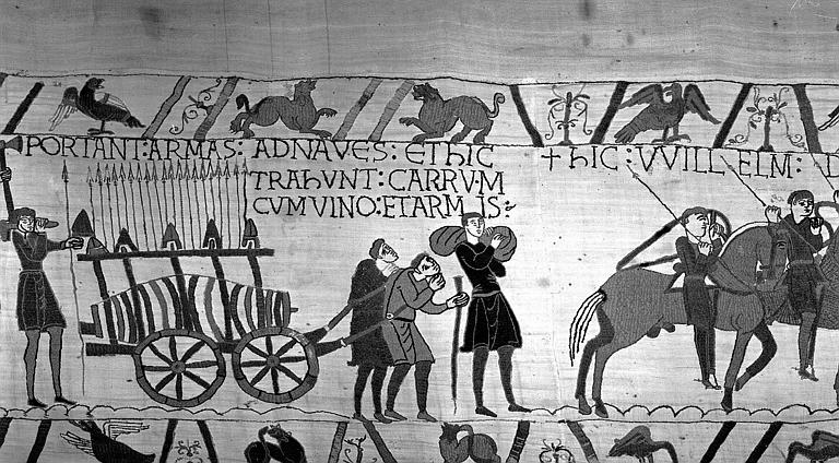 Tapisserie de Bayeux (avers),  43B : Char rempli d'armes et de vin tiré par des hommes