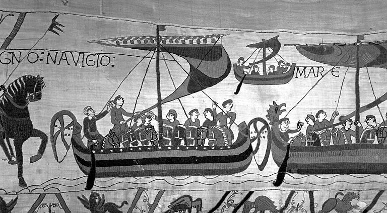 Tapisserie de Bayeux (avers),  45B : Bateaux chargés de cavaliers prenant la mer