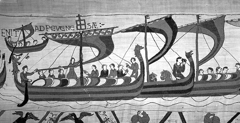 Tapisserie de Bayeux (avers),  48B : Bateaux chargés de cavaliers et d'hommes de troupe