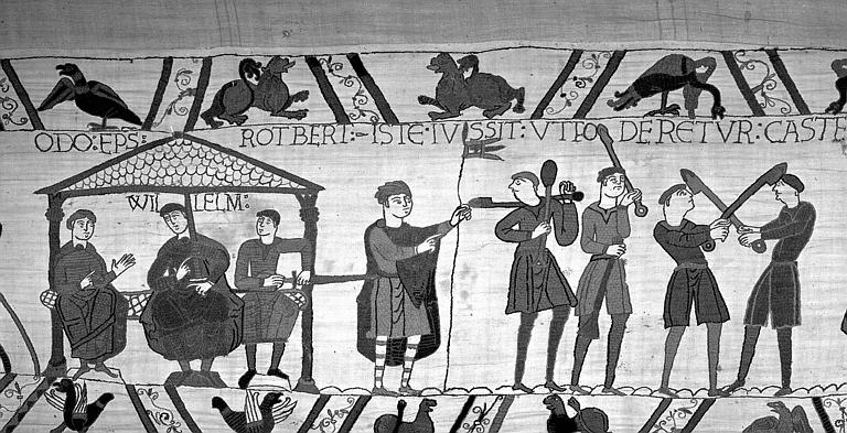 Tapisserie de Bayeux (avers),  55B : Guillaume assis tenant conseil à Hastings