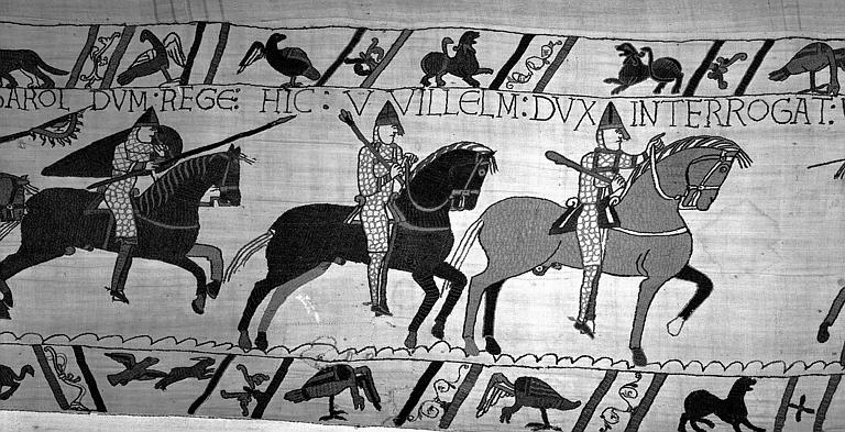 Tapisserie de Bayeux (avers),  61B : Guillaume en arme et à cheval rencontre un soldat d'Harold